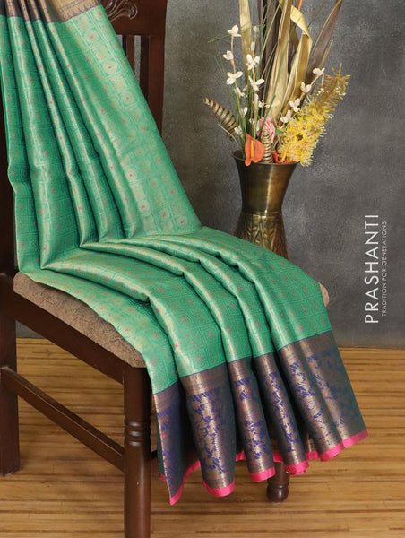 Banarasi kora saree green and blue with allover checked & zari buttas –  Cherrypick