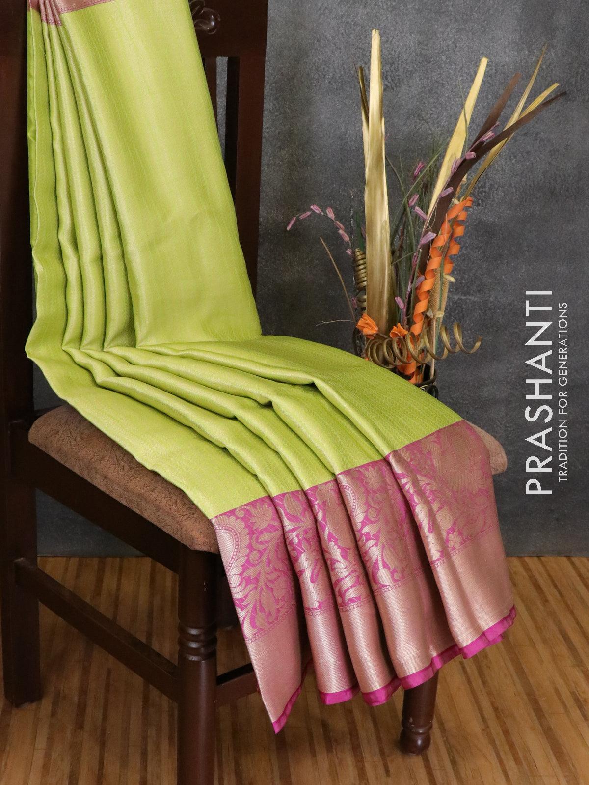 Banarasi kora saree lime green and purple with allover zari weaves and long zari woven border