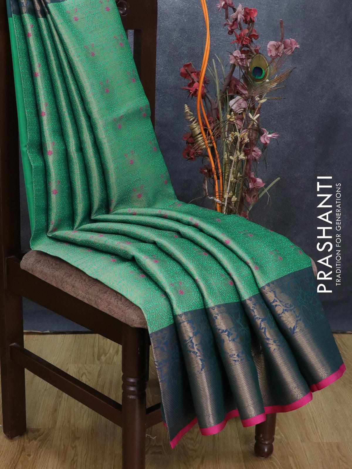 Banarasi kora saree teal green and blue with allover zari weaves and zari woven border