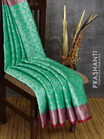 Banarasi kora saree teal green and pink with allover silver zari weaves and silver zari woven border