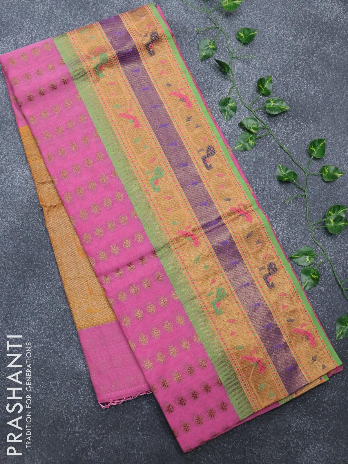 Baby Pink Saree in Silk Cotton Print - Clothsvilla