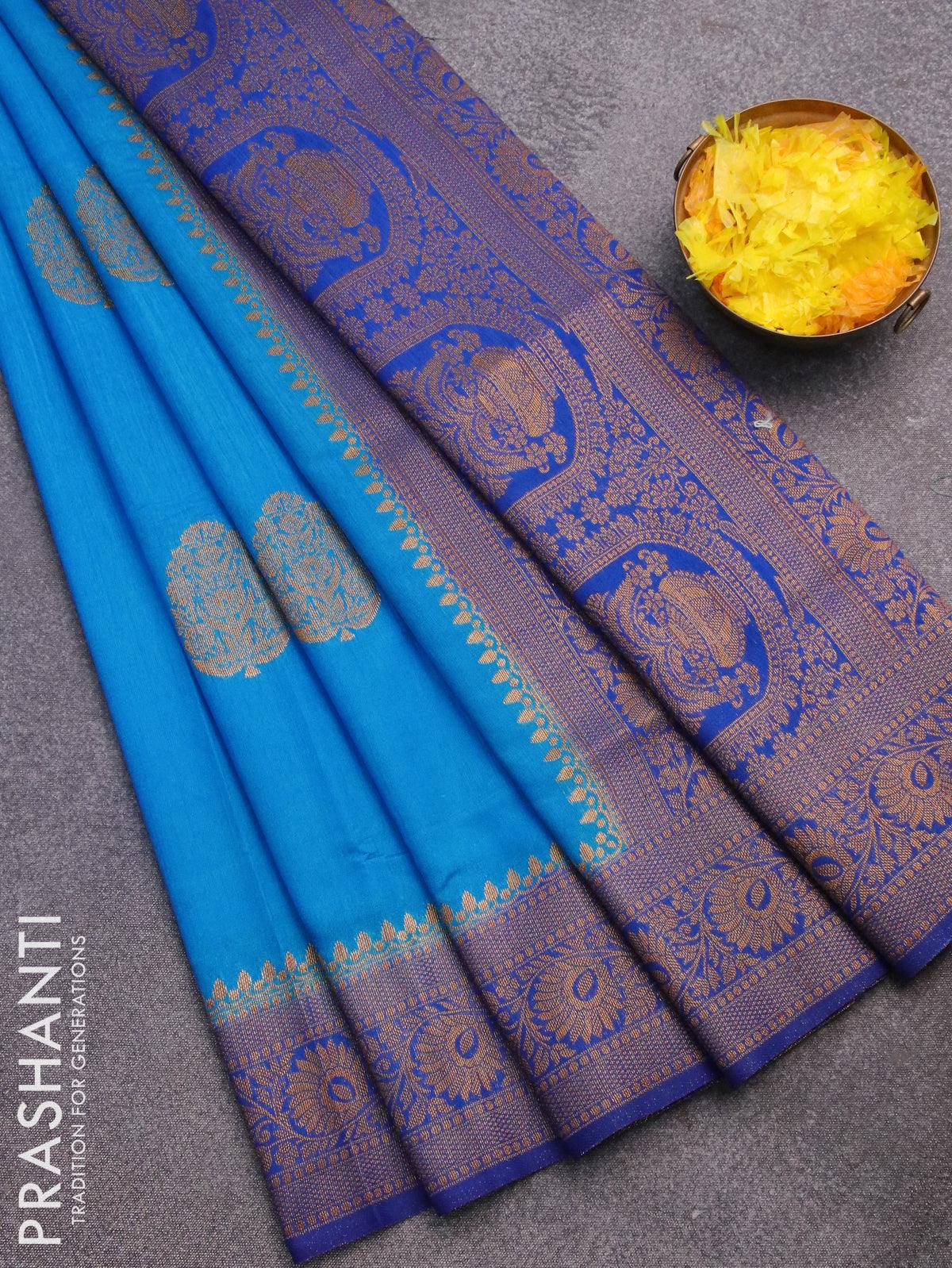 Banarasi semi dupion saree cs blue and blue with allover thread & zari –  Cherrypick