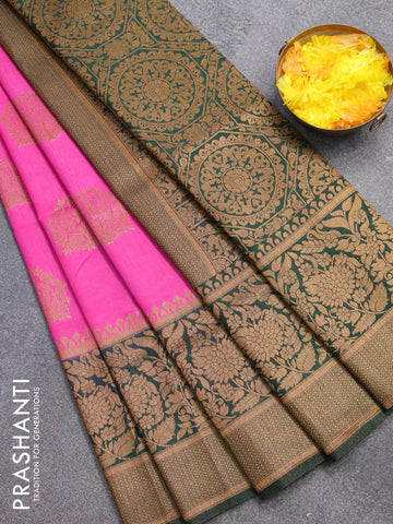 Banarasi semi dupion saree pink and bottle green with allover thread & zari woven buttas and long zari woven border