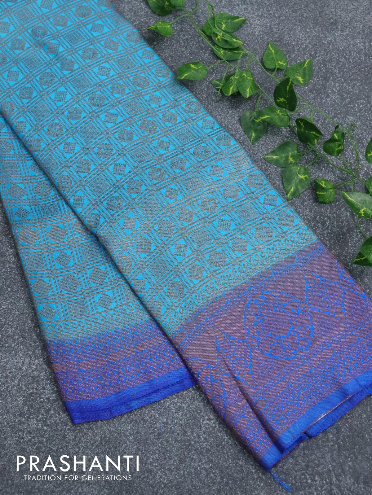 Banarasi semi silk saree cs blue and blue with allover zari weaves and zari woven border