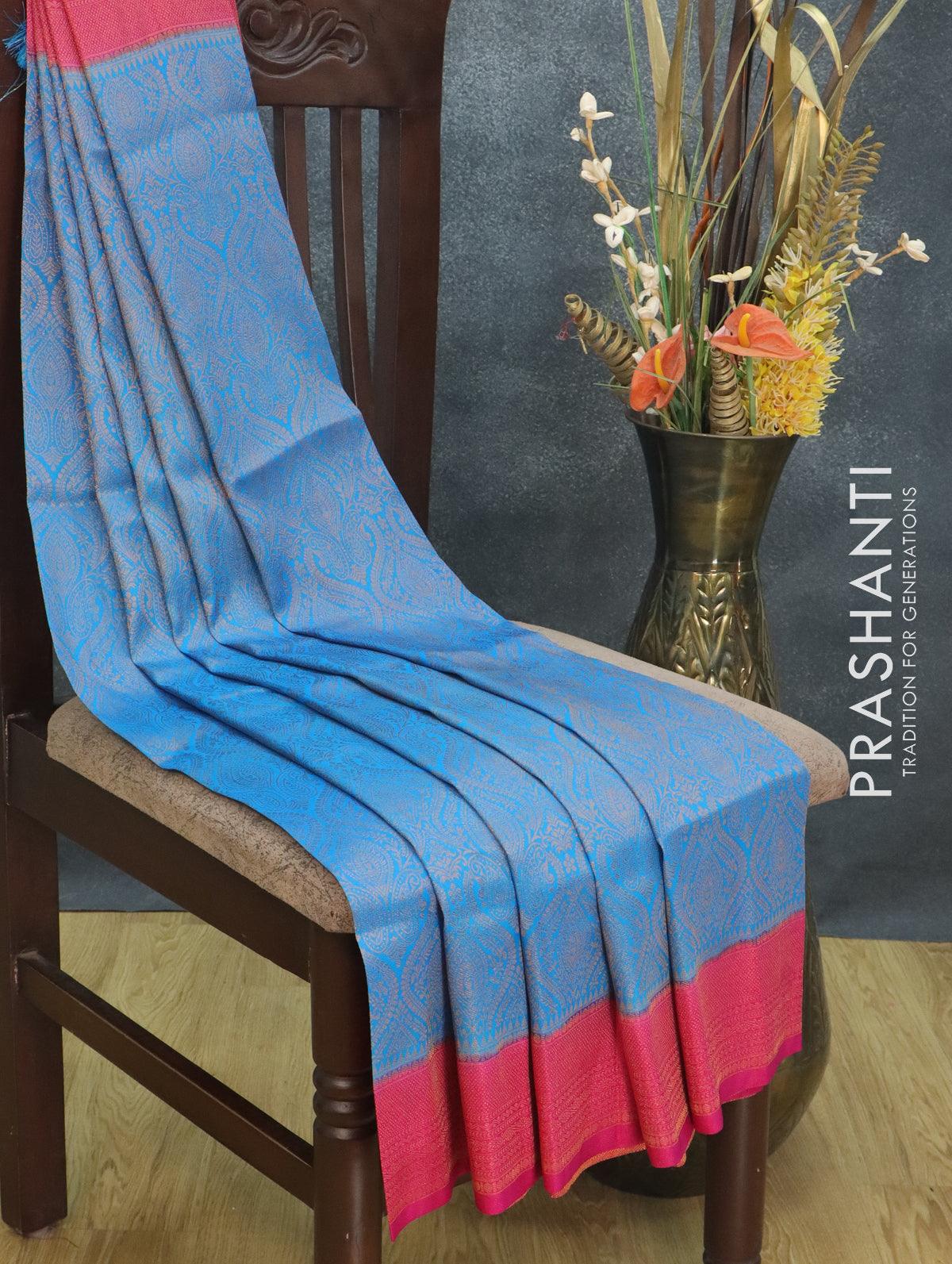 Banarasi semi silk saree cs blue and pink with allover zari weaves and zari woven border