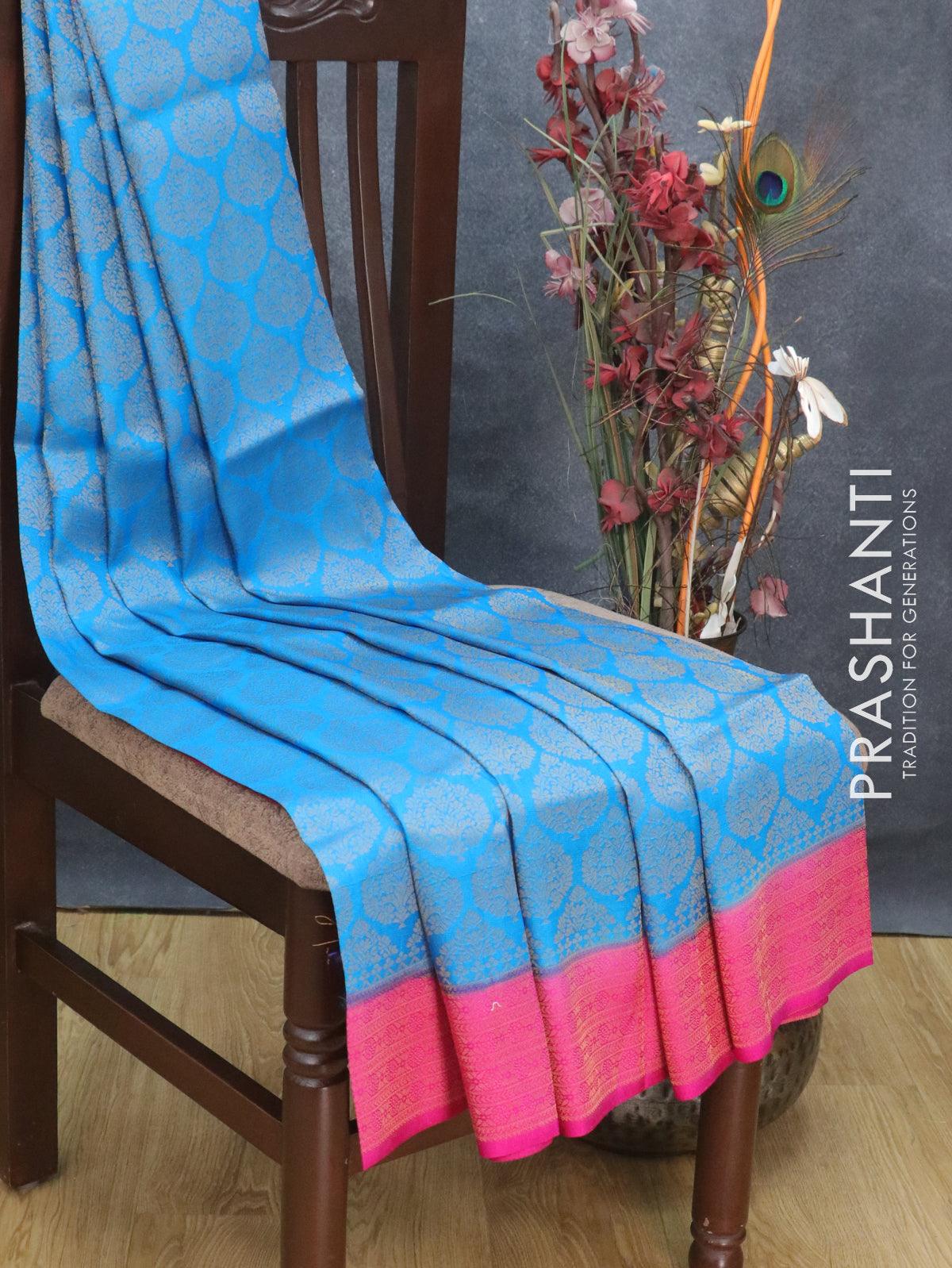 Banarasi semi silk saree cs blue and pink with allover zari weaves and zari woven border