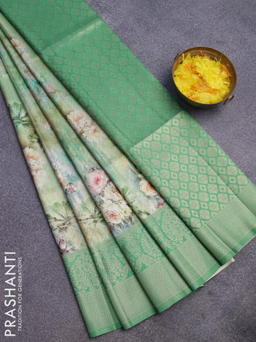 Banarasi softy silk saree teal green shade and green with allover zari weaves & floral digital prints and long zari woven border