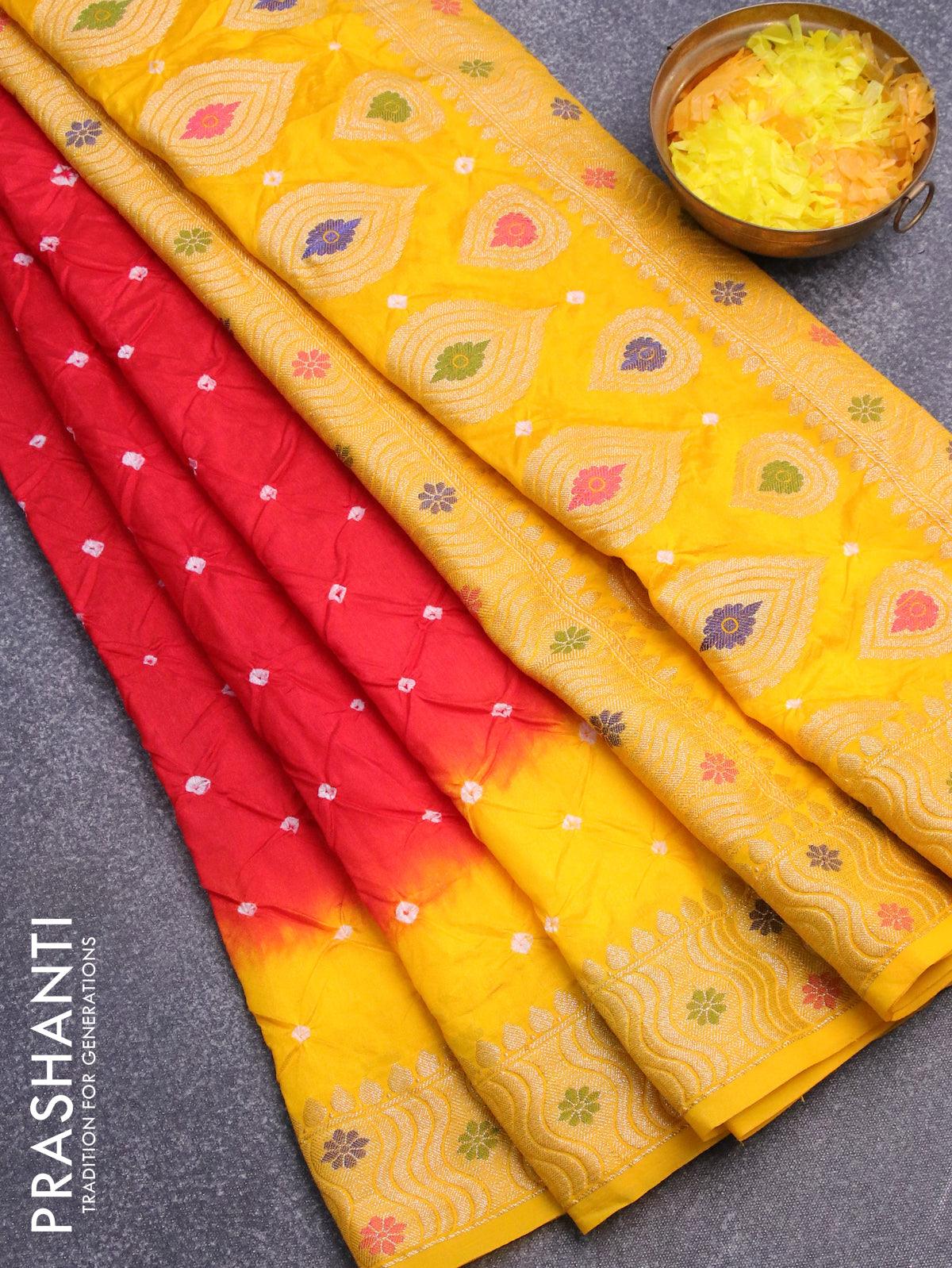 Bandhani saree red and mango yellow with bandhani prints and banarasi style mina border