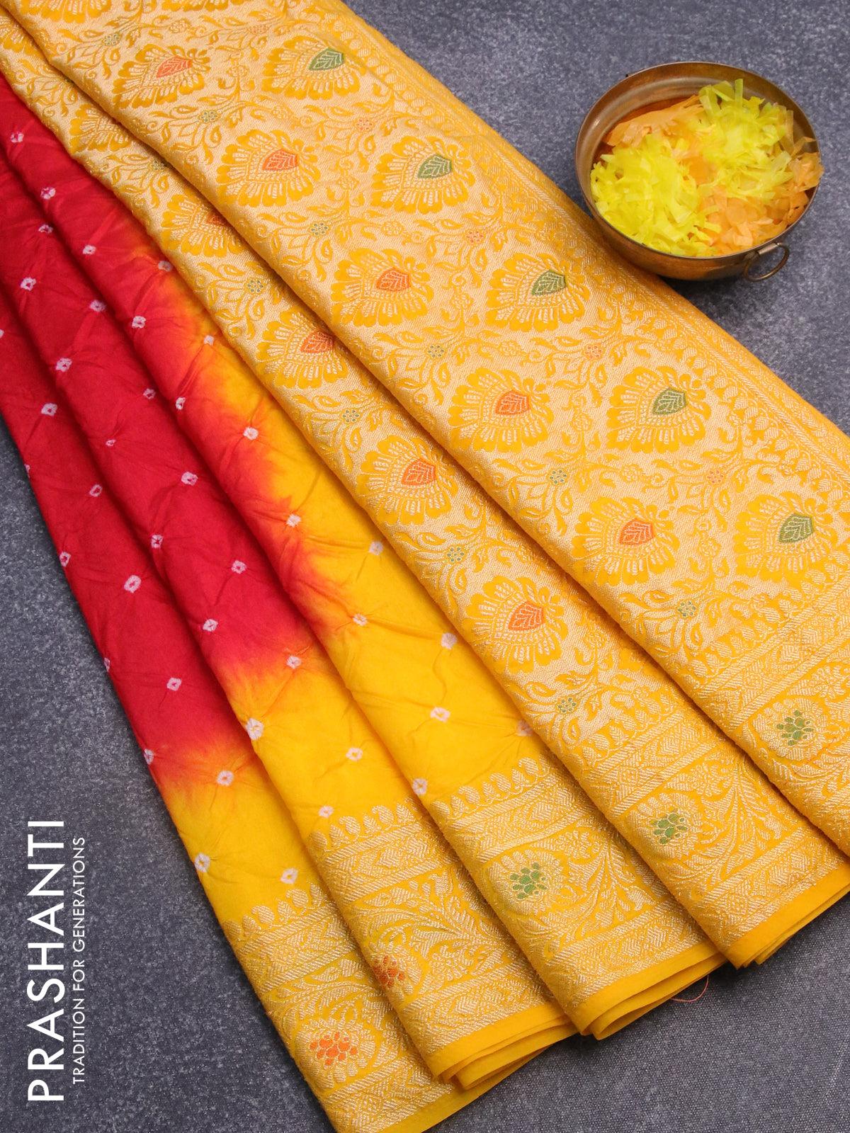 Bandhani saree red and yellow with bandhani prints and banarasi style mina border