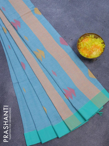 Bengal soft cotton saree light blue and teal green shade with thread woven buttas and zari woven simple border