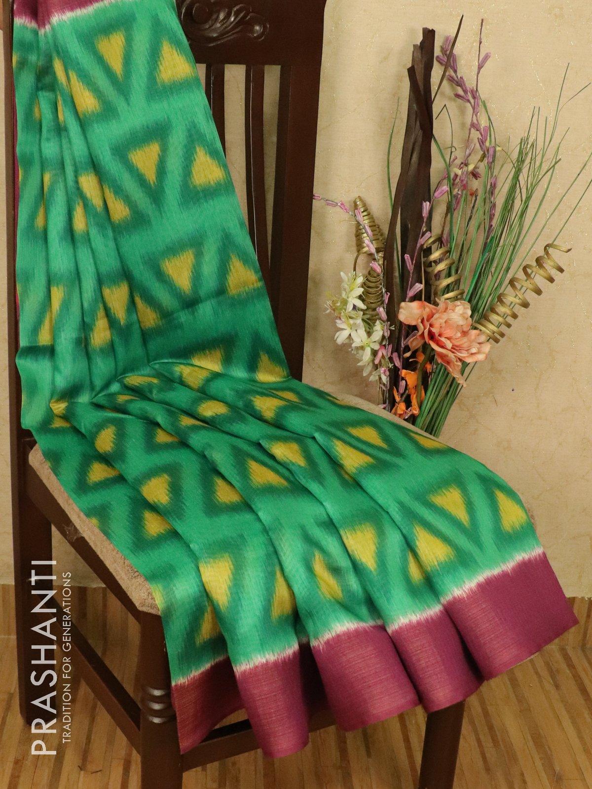 Bhagalpuri saree green and purple with allover ikat prints and simple zari border