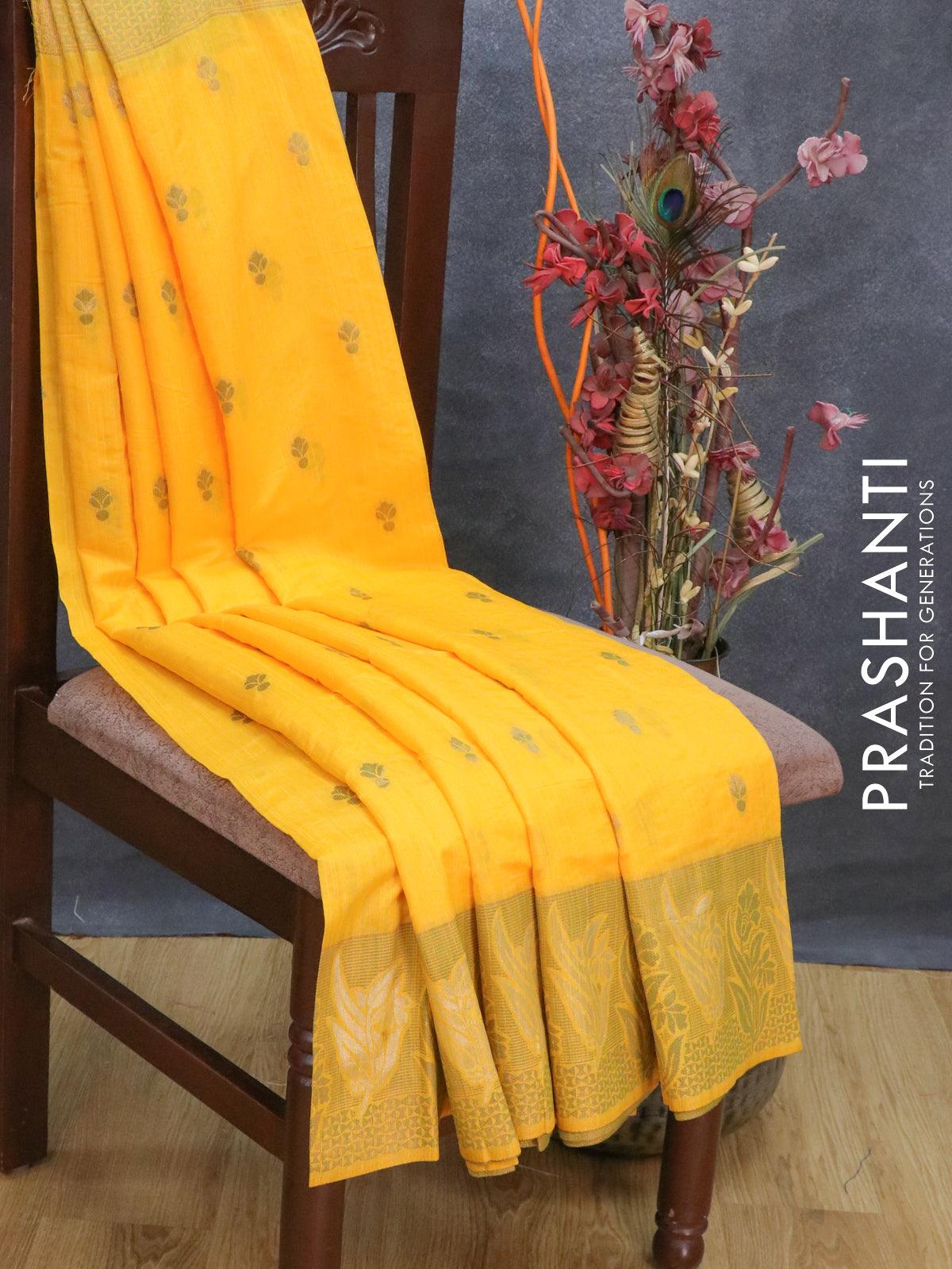 Bhagalpuri silk saree mango yellow with allover woven buttas and floral design woven border