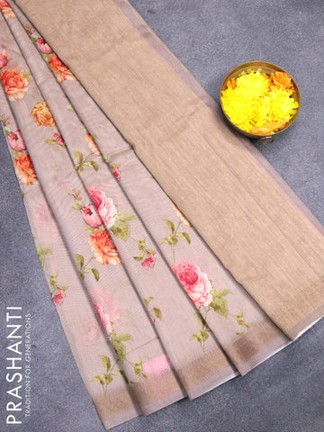 Chanderi silk cotton saree grey shade with allover digital prints and woven border