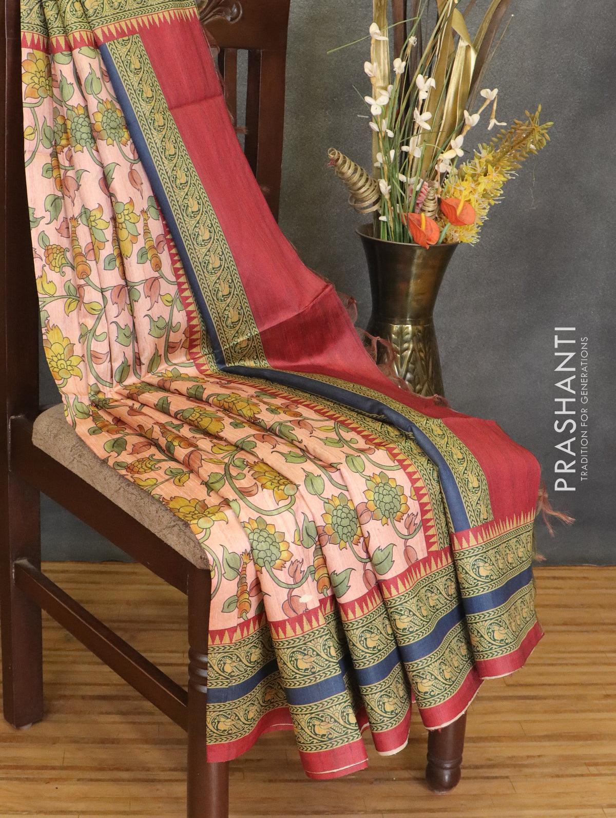 Chappa saree peach pink and maroon with allover floral prints and prin ...