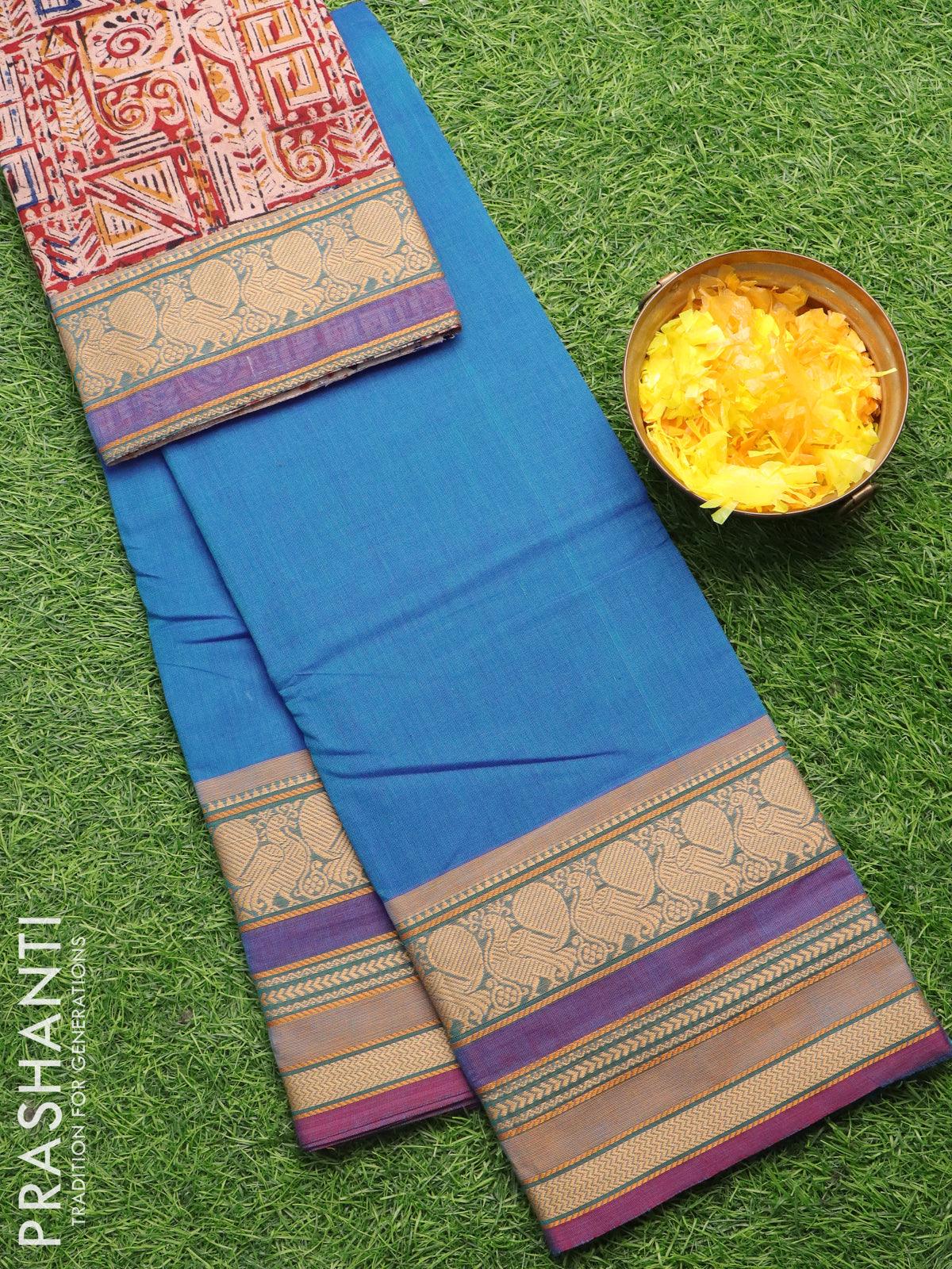 Navy blue crepe saree with handpainted Kalamkari cross pallu appliqué