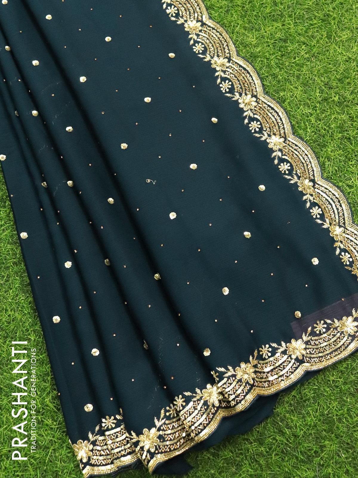 Designer semi chiffon saree peacock blue with allover chamki & zardosi work