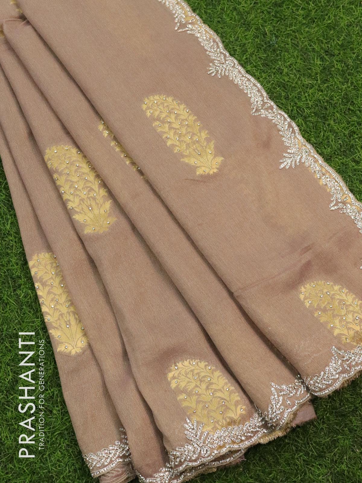 Designer semi georgette saree brown shade with allover zari buttas & stone work