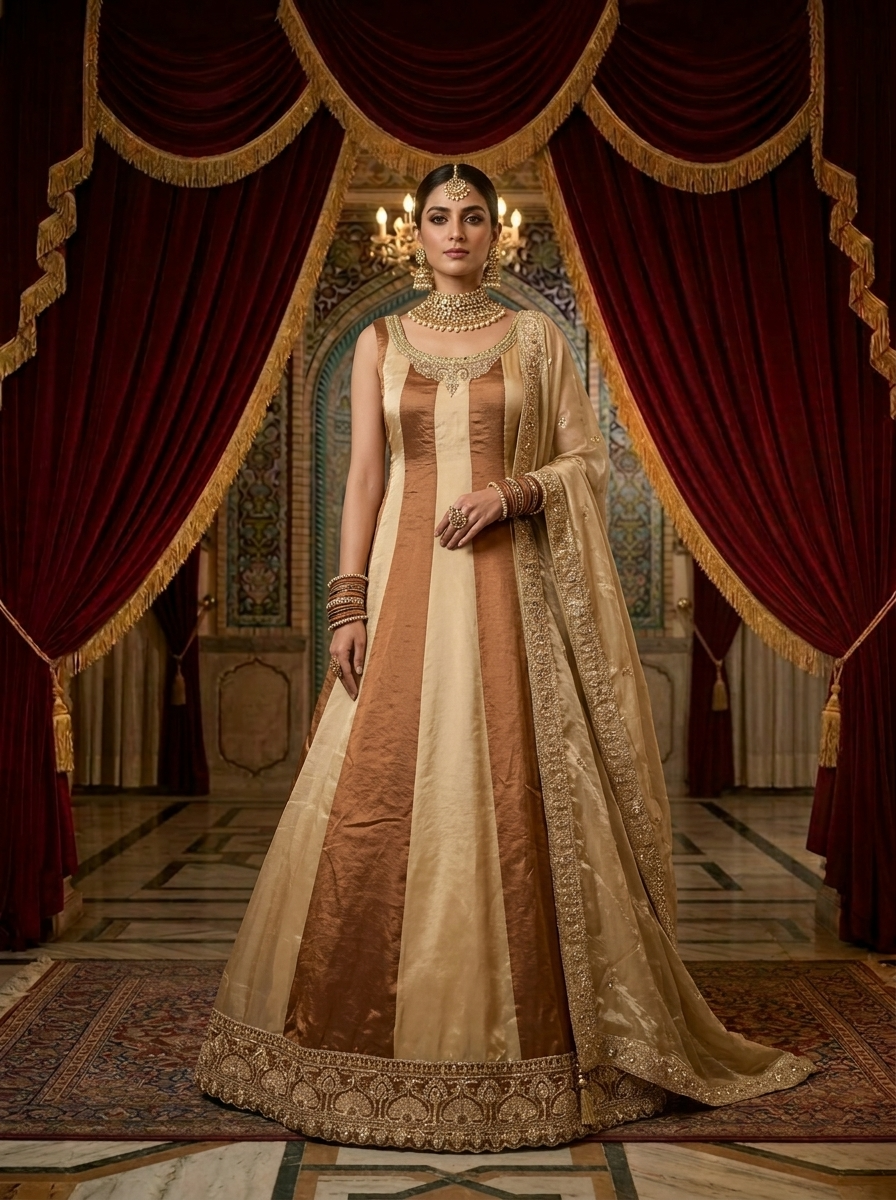 Beige Silk Zari Embroidered Anarkali Set