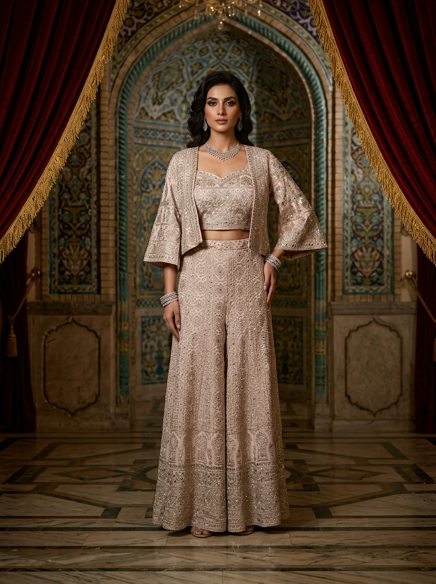 Baby Pink Georgette Heavy Embroidery Palazzo Set With Jacket