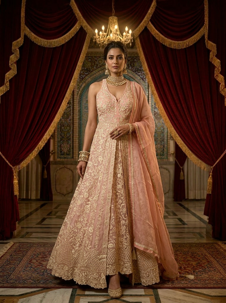 Baby Pink Silk Heavy Floral Embroidery Ghagra Set