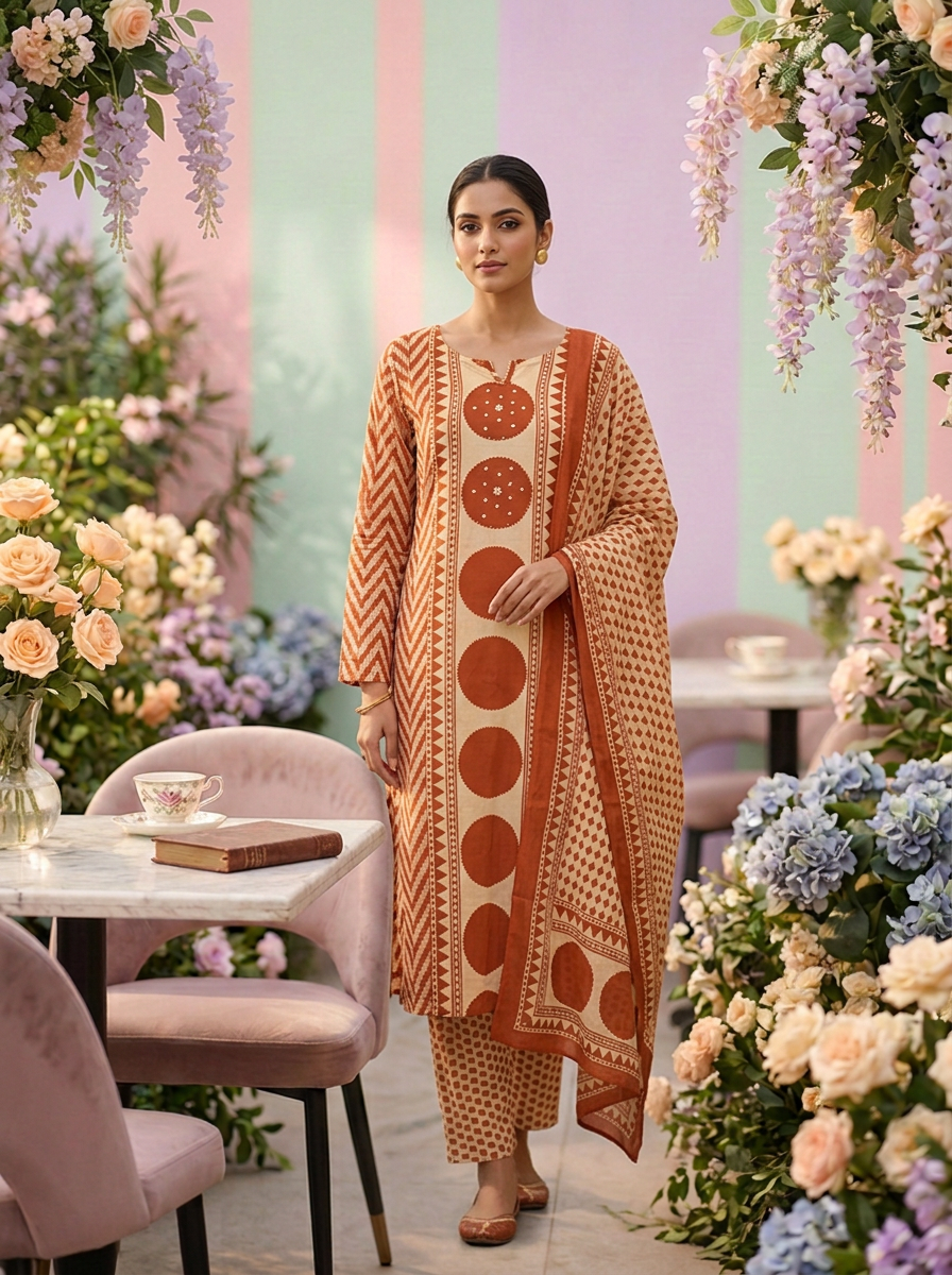 Burnt Orange Cotton Chevron Printed Three Piece Set