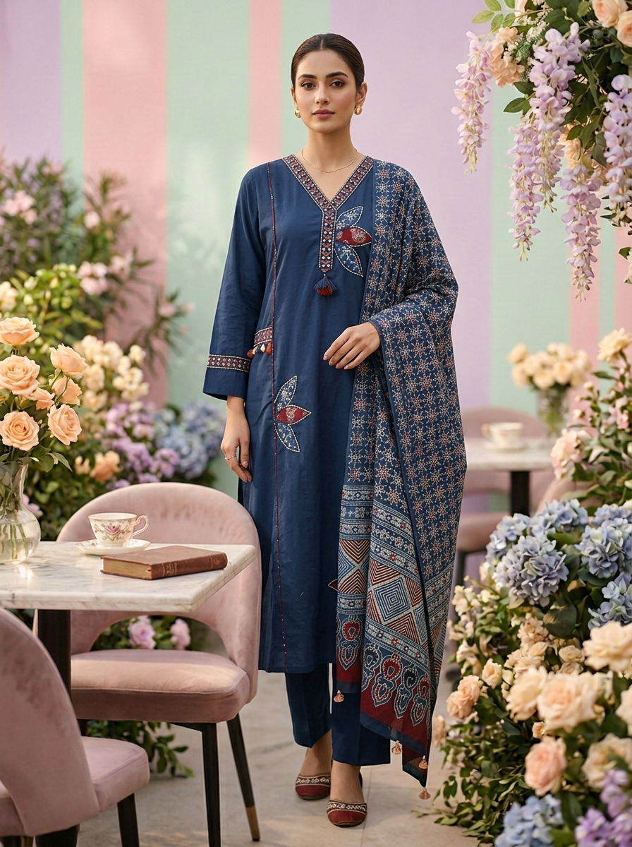 Blue Cotton Floral Embroidered Three Piece Set