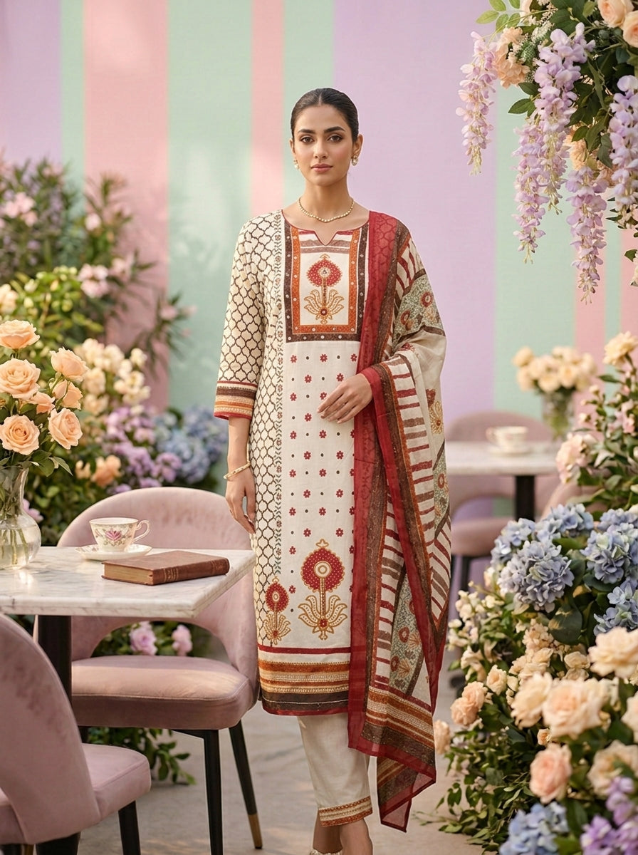 Brown Cotton Floral Printed Three Piece Set