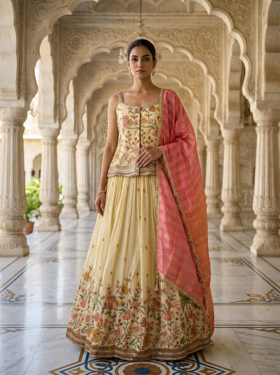 Cream Tissue Floral Thread Embroidered Ghagra Set