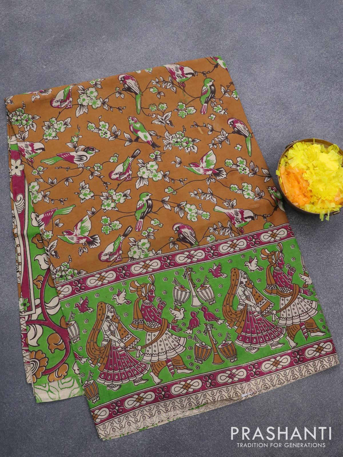 Pure tussar silk saree green and grey with kalamkari prints and cut wo – Prashanti  Sarees