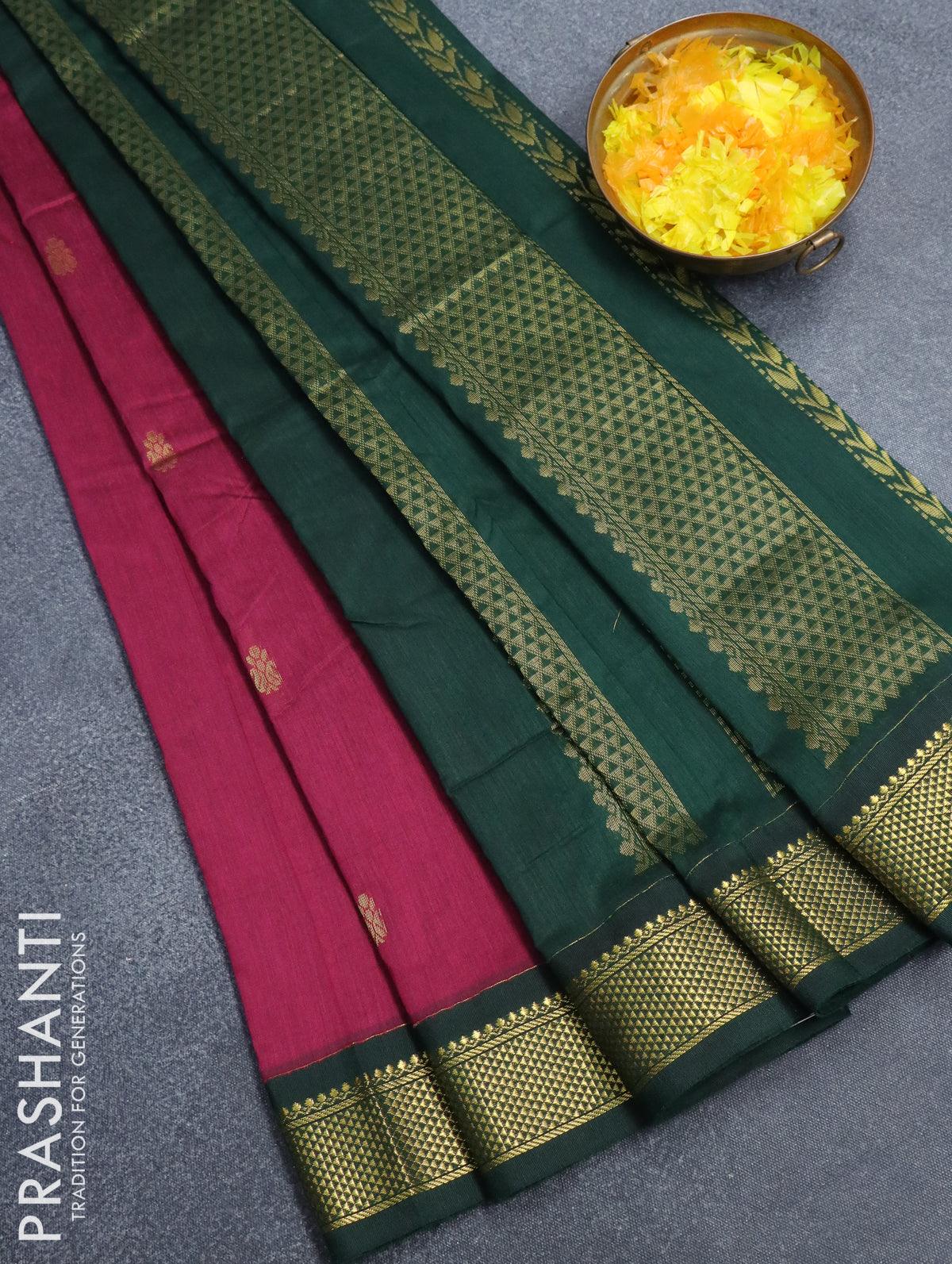 Kalyani cotton saree magenta pink and green with zari woven buttas and –  Prashanti Sarees