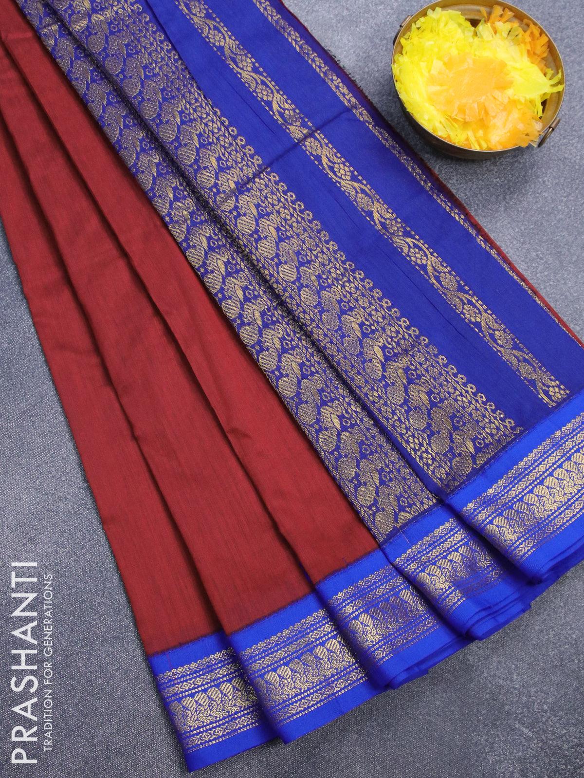 Kalyani cotton saree maroon and blue with thread woven buttas and