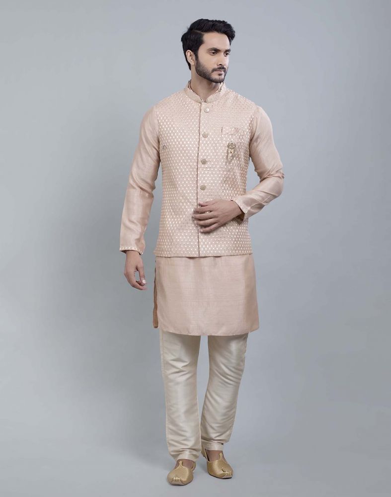 Trendy Textured Cream Color Silk Fabric Dhoti Kurta Jacket Set