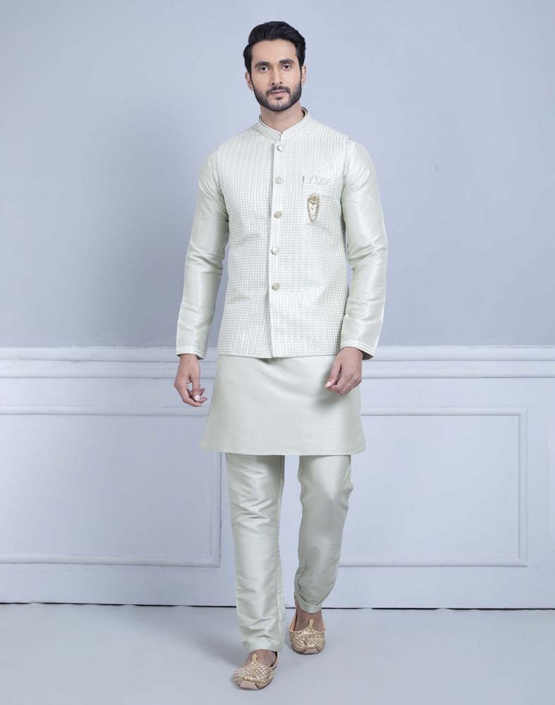 Readymade Cream Full Length Kurta Nehru Jacket Set 596MW18