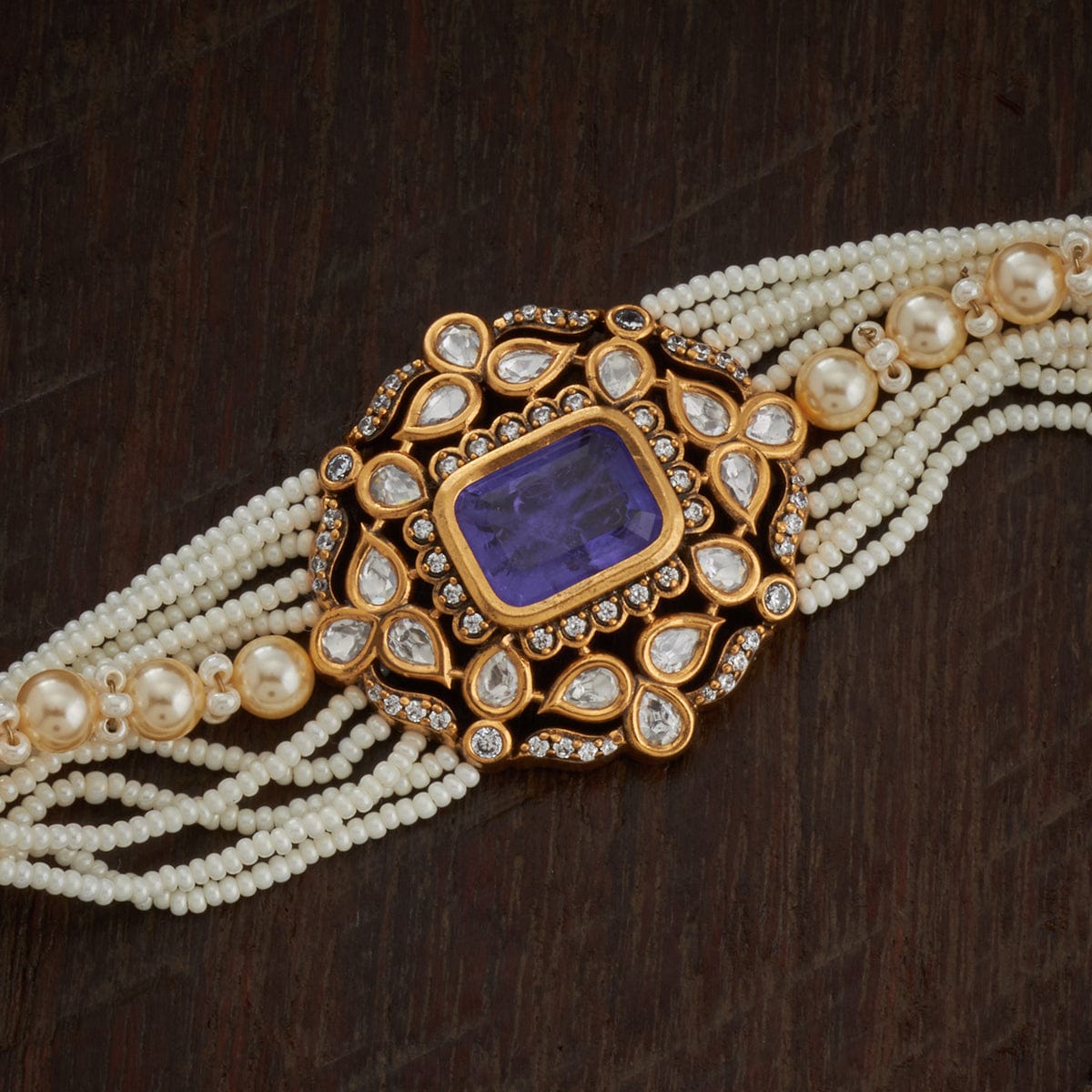 Gold plated Blue beads Kundan Bracelet – Shoshaa