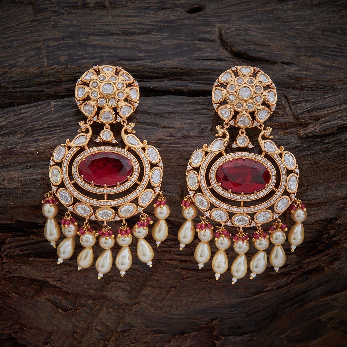 Classy And Traditional Ruby Gold Polish Kundan Earrings