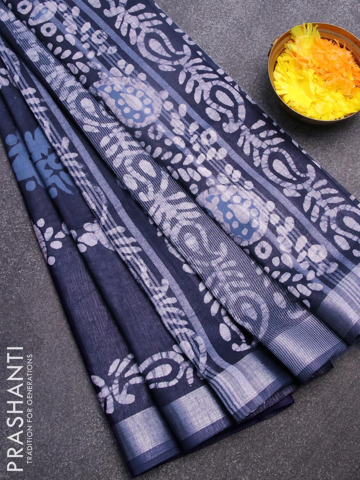 Buy Khushi Printed Hand Batik Cotton Linen Blue Sarees Online @ Best Price  In India | Flipkart.com