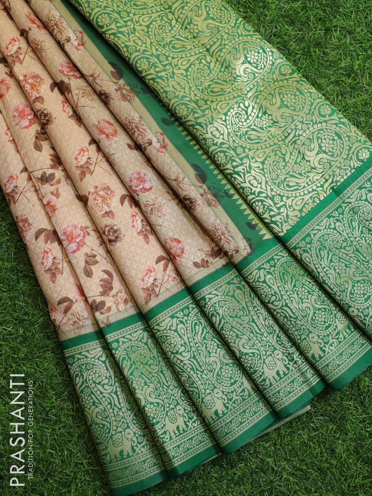 Malai silk saree dark brown and green with allover self emboss & flora –  Cherrypick