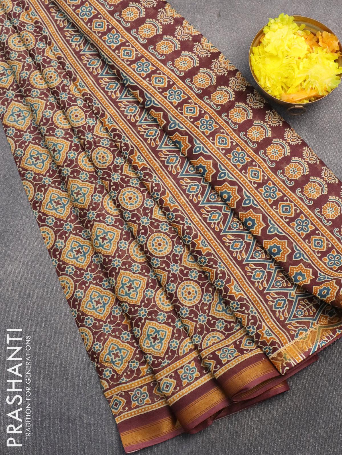 Mul cotton saree purple with allover ajrakh prints and small zari wove –  Cherrypick