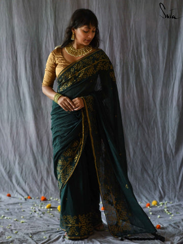 Onam Outfit- Gold Chanderi Silk Saree with Kalamkari Blouse - Dreaming Loud