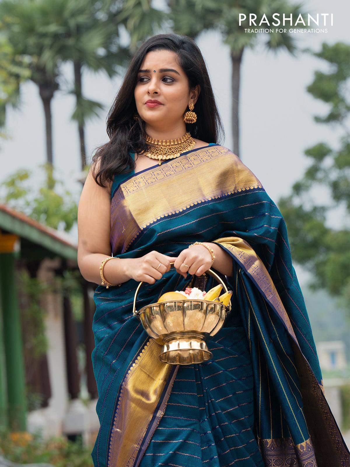 Navy Blue Saree in Pure Kanjeevaram Silk