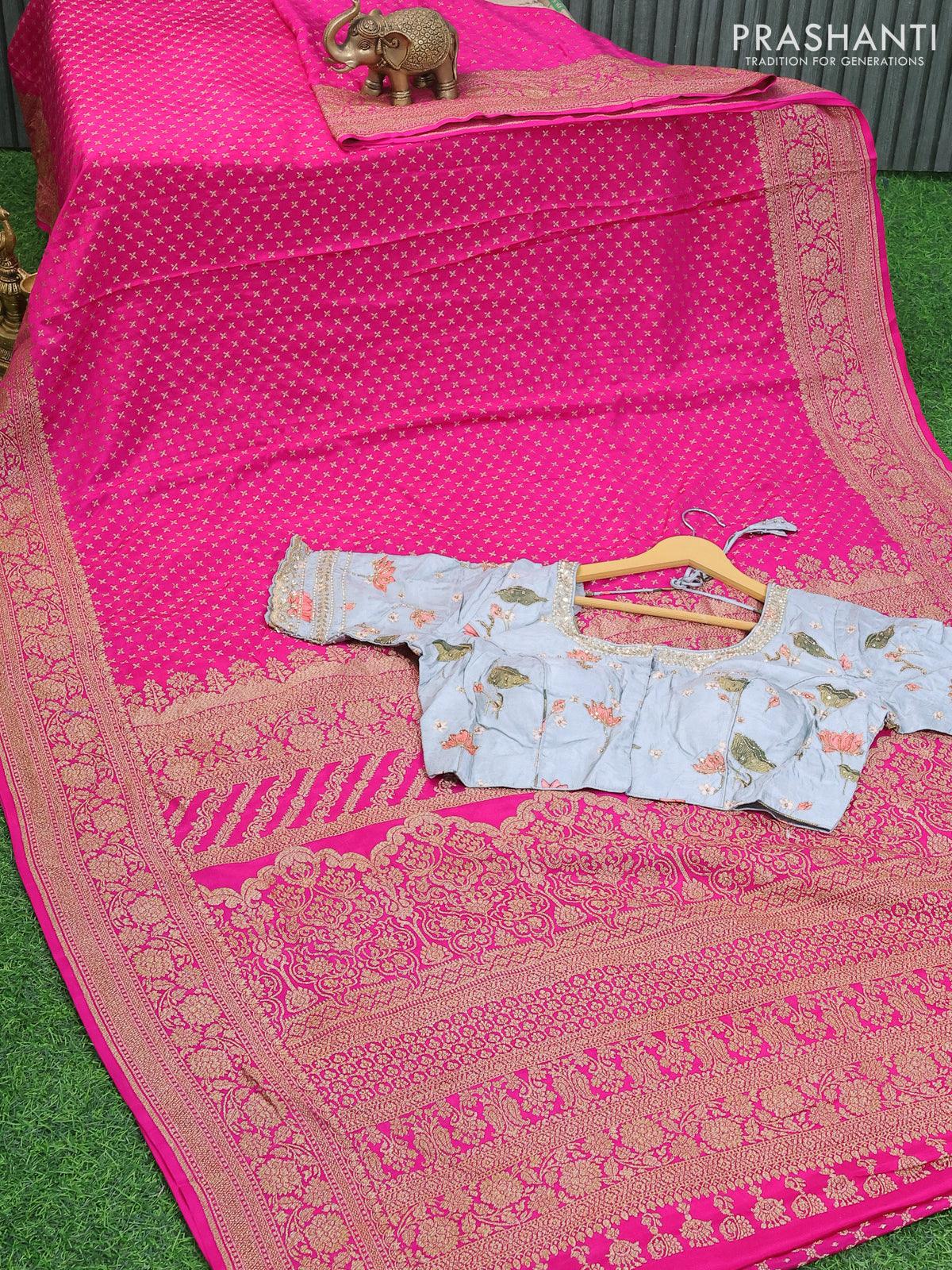 Grey and Pink border Pure Cotton Saree-Indyvarna