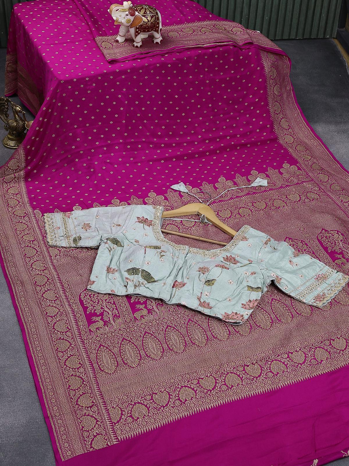 Pure Chanderi Silk Grey & Pink Two Dye Discharge Print Booti Pattern Saree  | Kishori