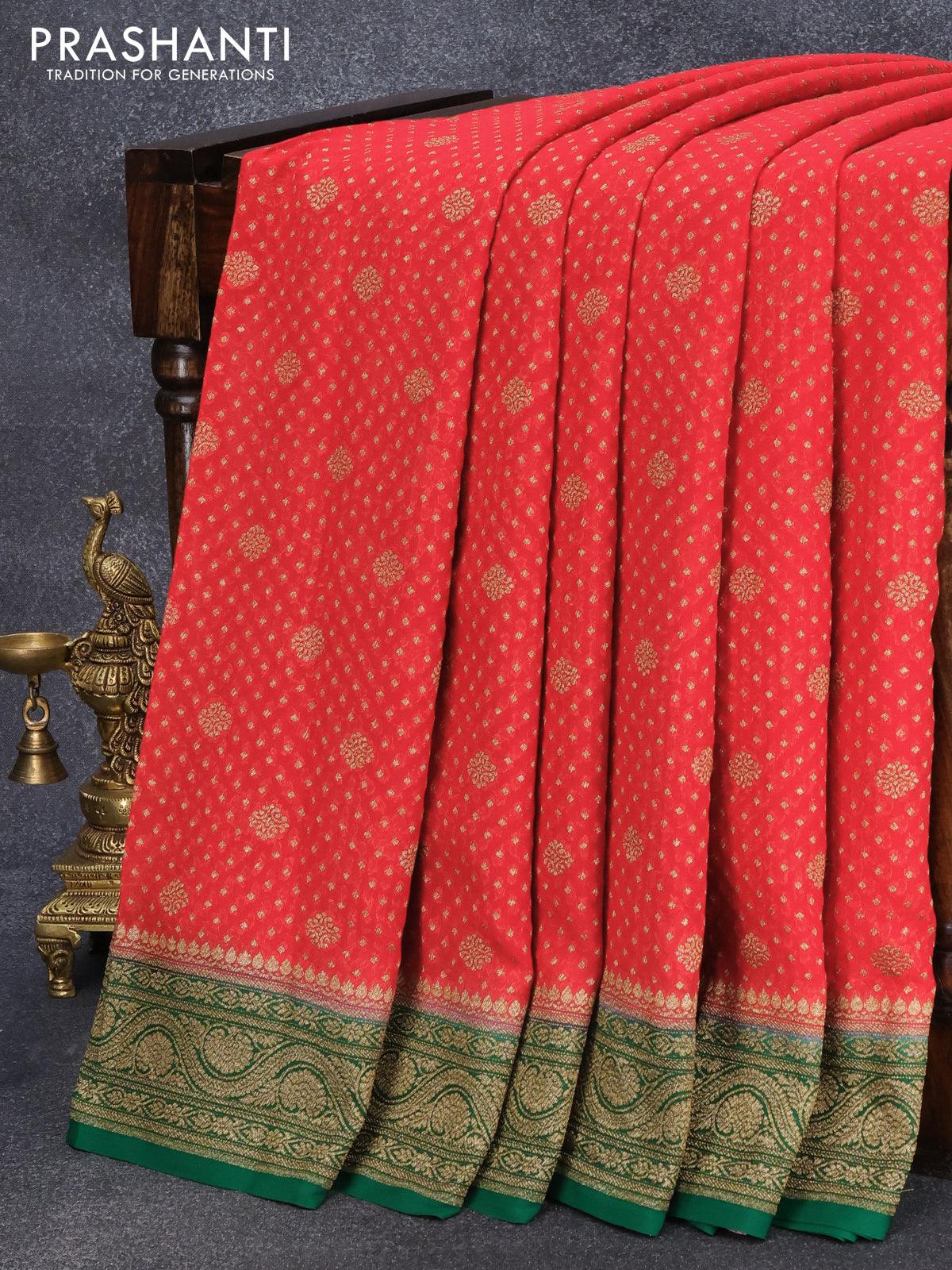Pure banarasi georgette saree teal green with allover zari woven flora –  Prashanti Sarees