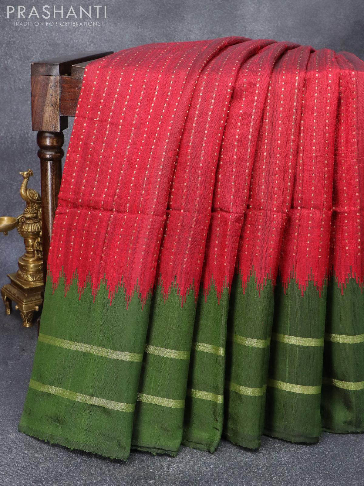 Bottle Green Booti Dupion Silk Handloom Banarasi Saree - Sacred Weaves