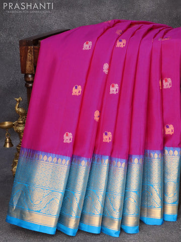 Pure gadwal silk saree pink and cs blue with silver & gold zari woven elephant buttas and long rich zari woven border and Butta style