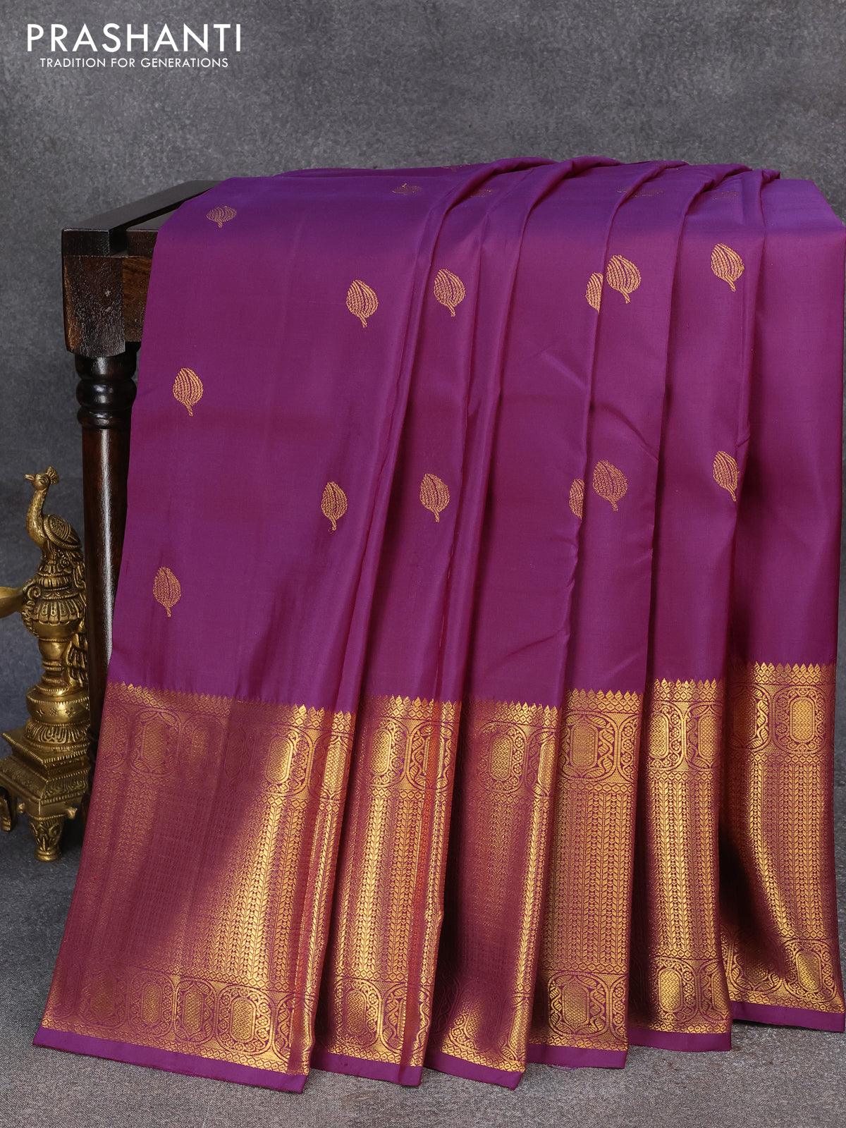 Pure kanjivaram silk saree deep purple and pastel pink with zari woven buttas and zari woven border