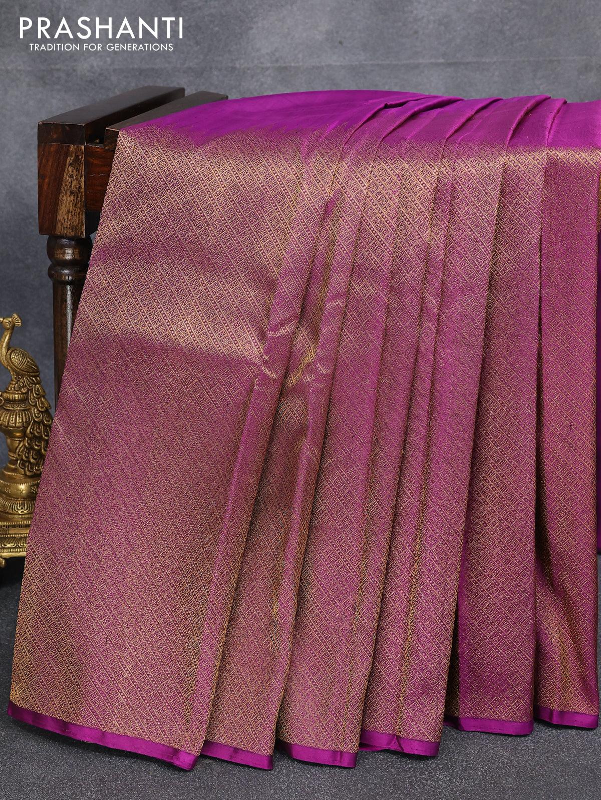 Pure kanjivaram silk saree deep purple with half & half style and long zari woven border