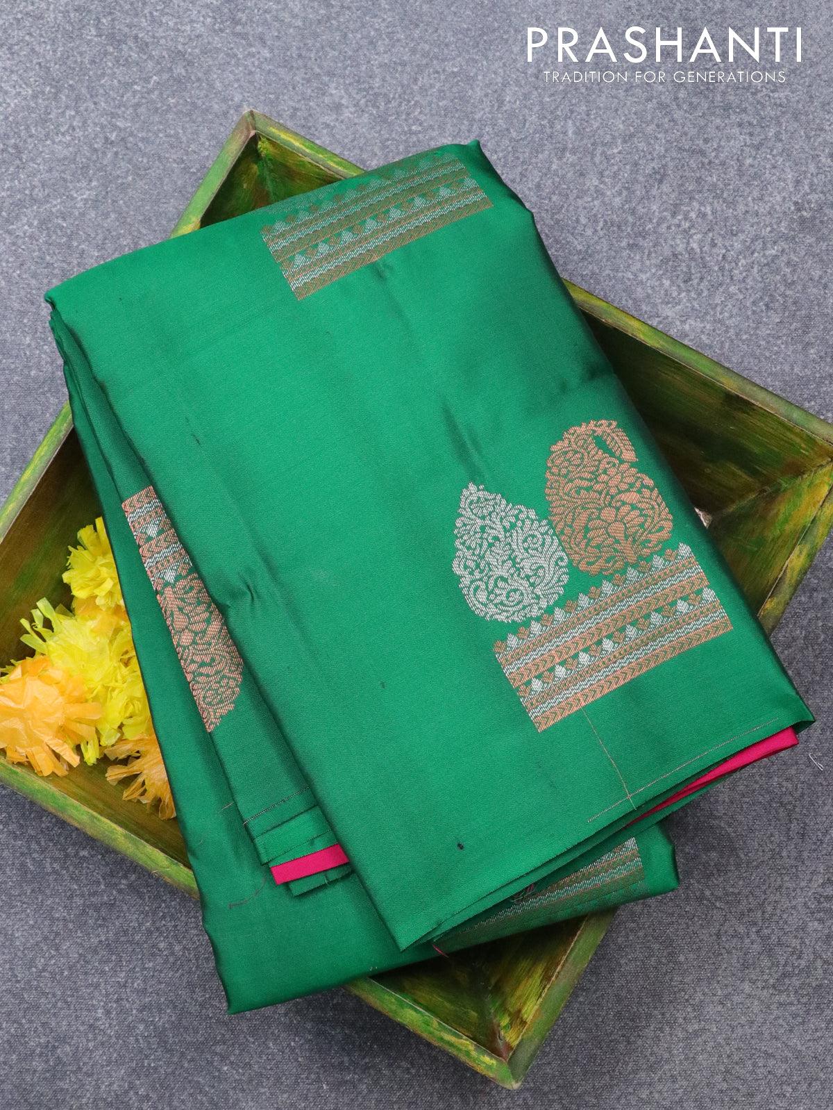 Pure kanjivaram silk saree green and pink with silver & copper zari woven buttas in borderless style