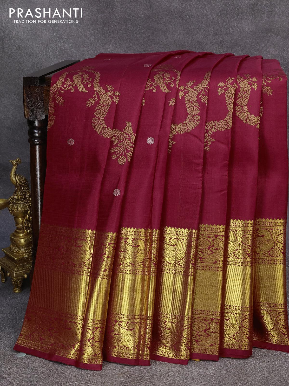 Maroon & Mustard Yellow Kanchipuram Silk Cotton Saree. - Sri Arya Silks