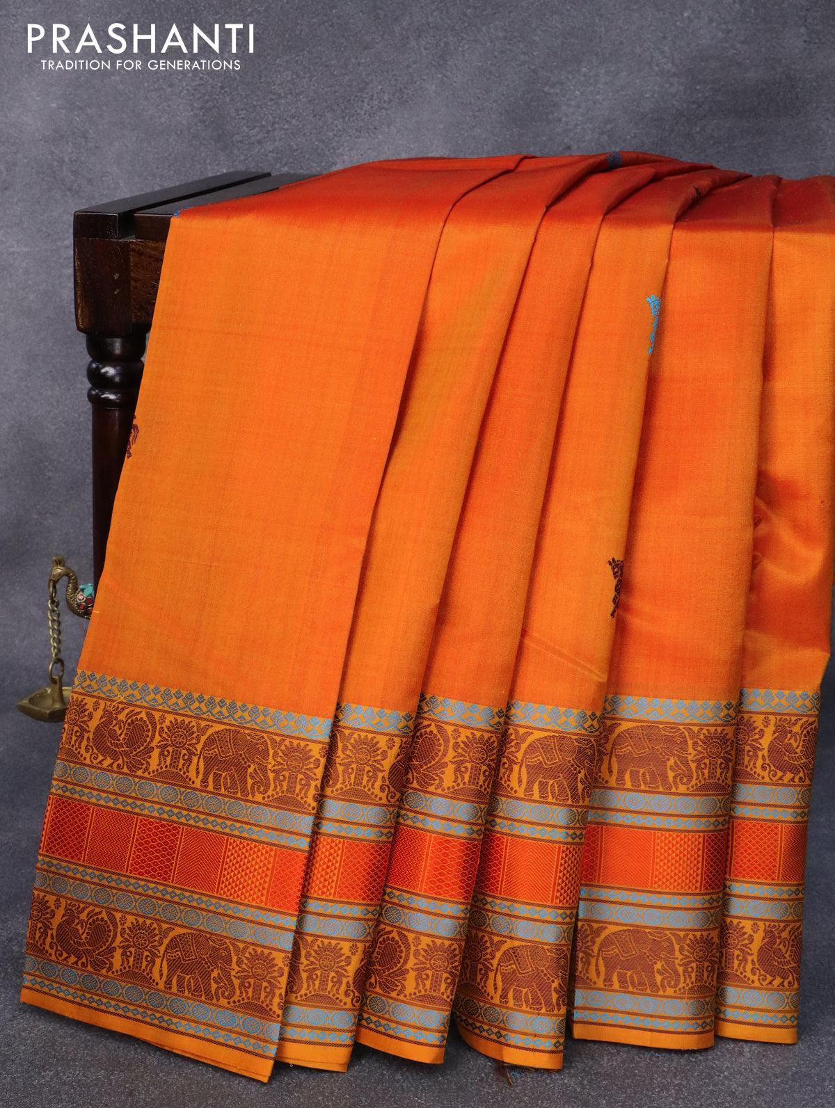 Pure kanjivaram silk saree mustard yellow with thread woven buttas and thread woven border